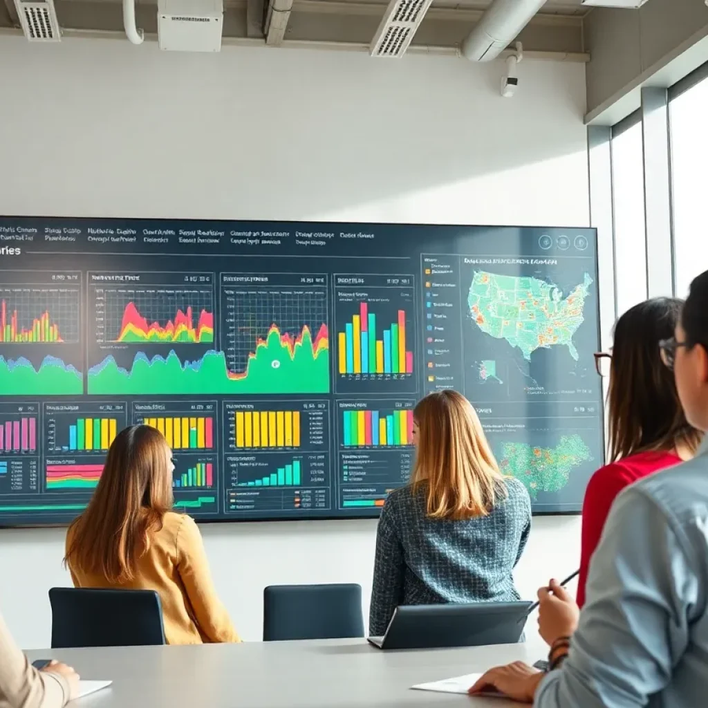 Interactive digital dashboard showing multiyear capital budgets, maps and funding allocation overlays in a municipal planning office