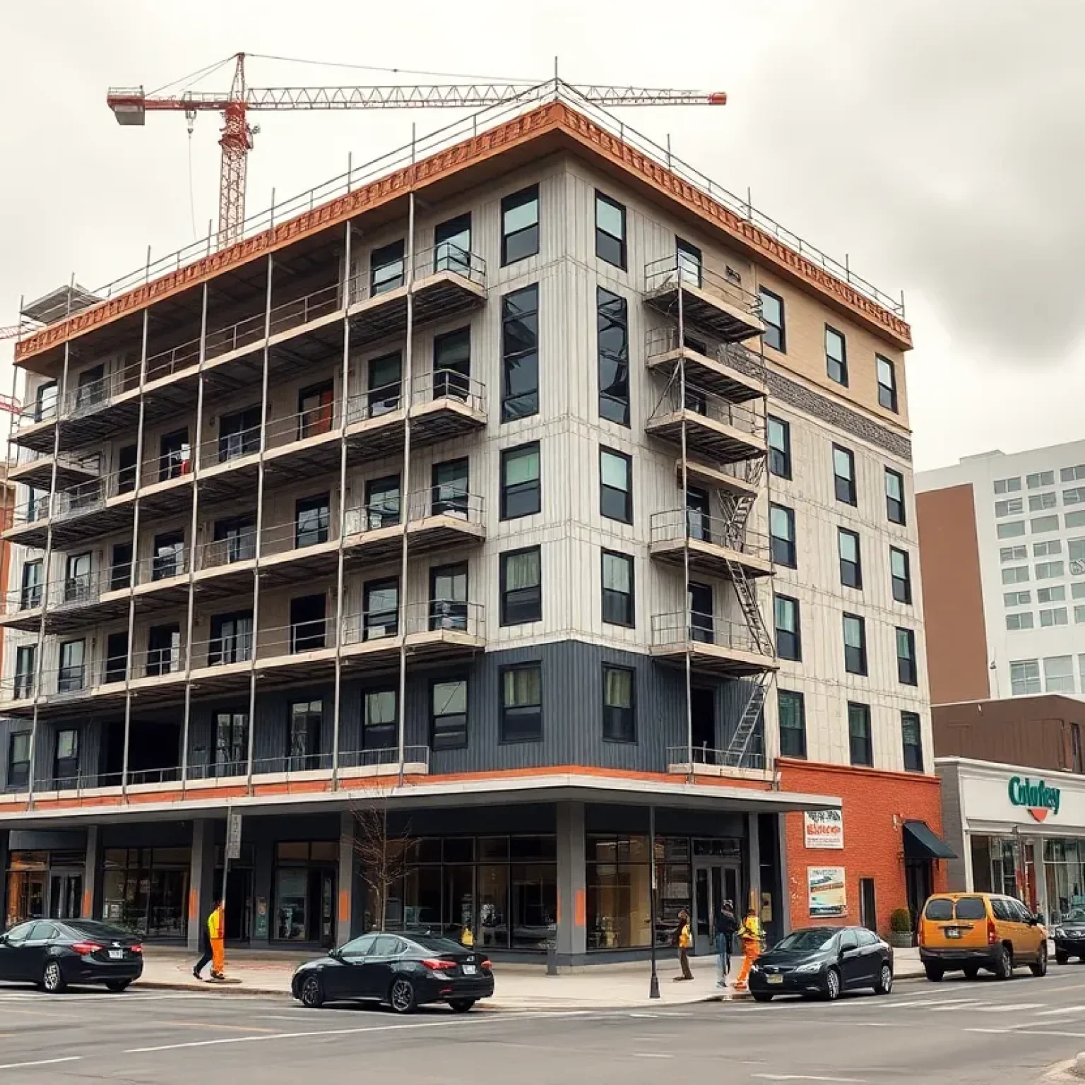 Construction of a seven-story mixed-use apartment building at 99 Southgate Avenue in Daly City with podium garage and nearby shopping center