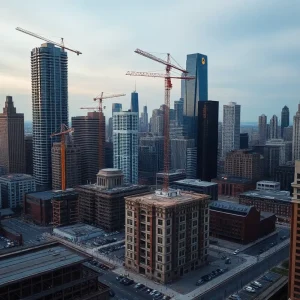 Chicago skyline with construction cranes, a tall rental tower and a small infill building near transit