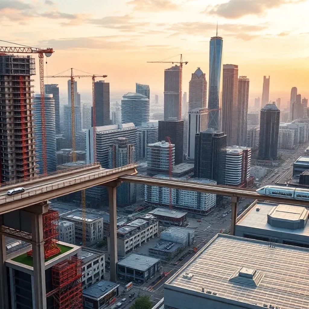 City skyline with cranes, bridge and rail construction illustrating civil engineering market growth