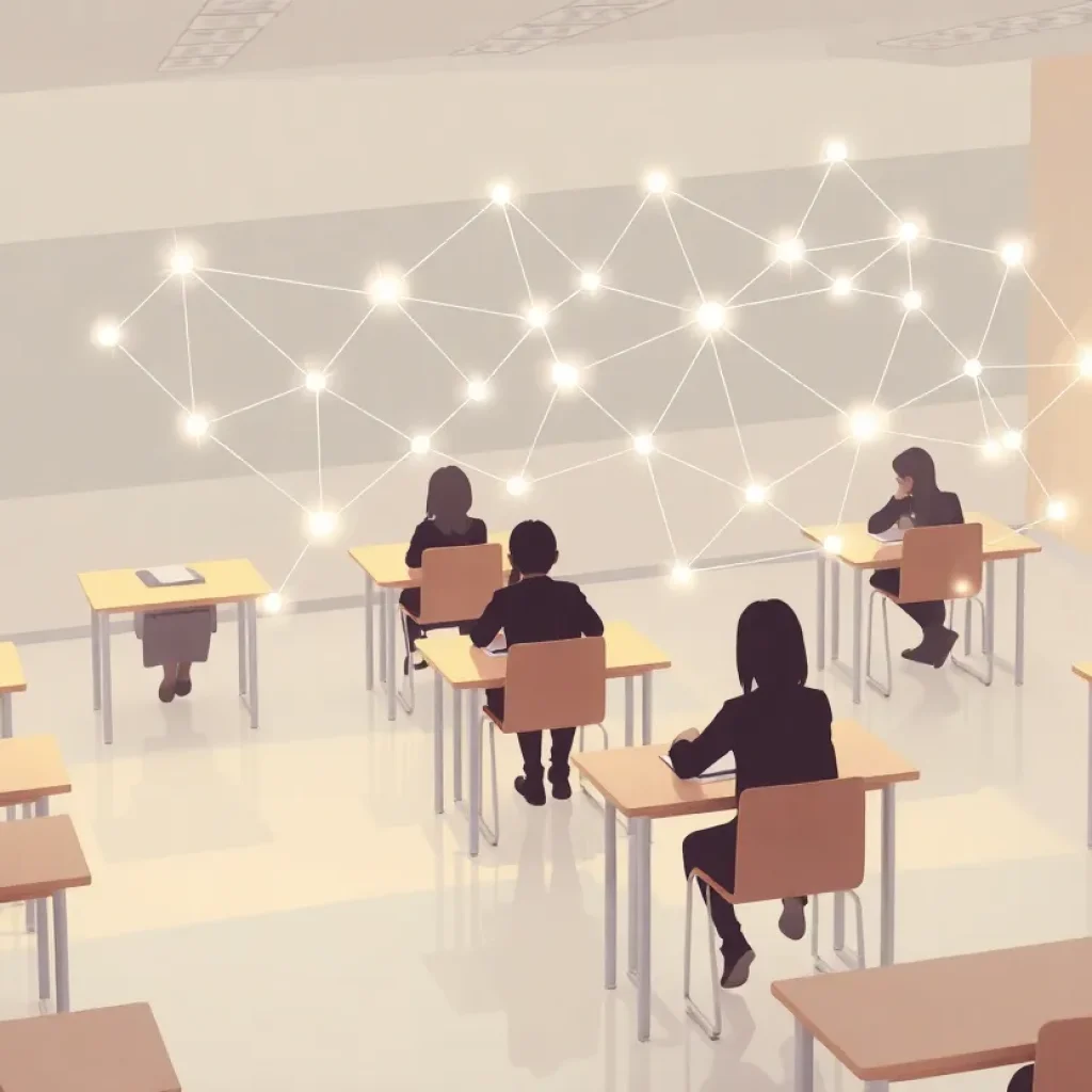 Students in a classroom connected by a glowing network graph overlay representing social interactions and data