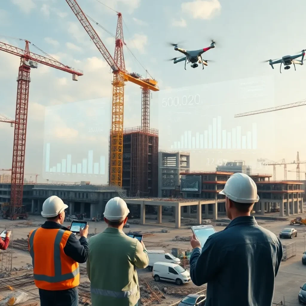 Construction site with workers using tablets and holographic BIM and schedule overlays, plus drones overhead