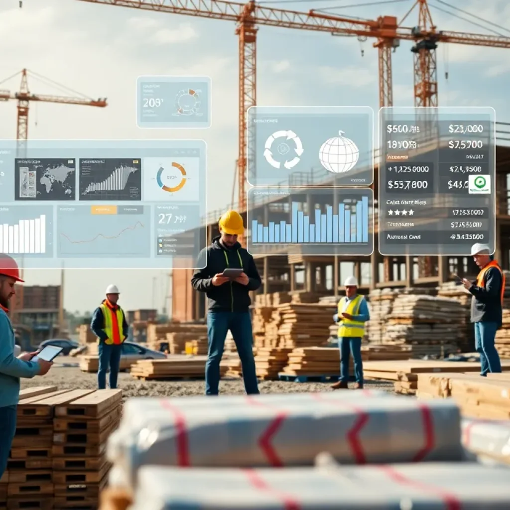 Construction site with workers using tablets and digital overlays showing collaboration software dashboards and BIM models
