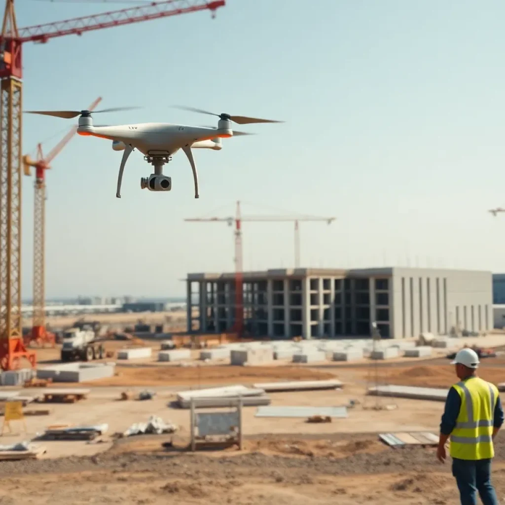 Construction site with a drone in flight, a gantry 3D printer building concrete walls, cranes and a data center structure in the background