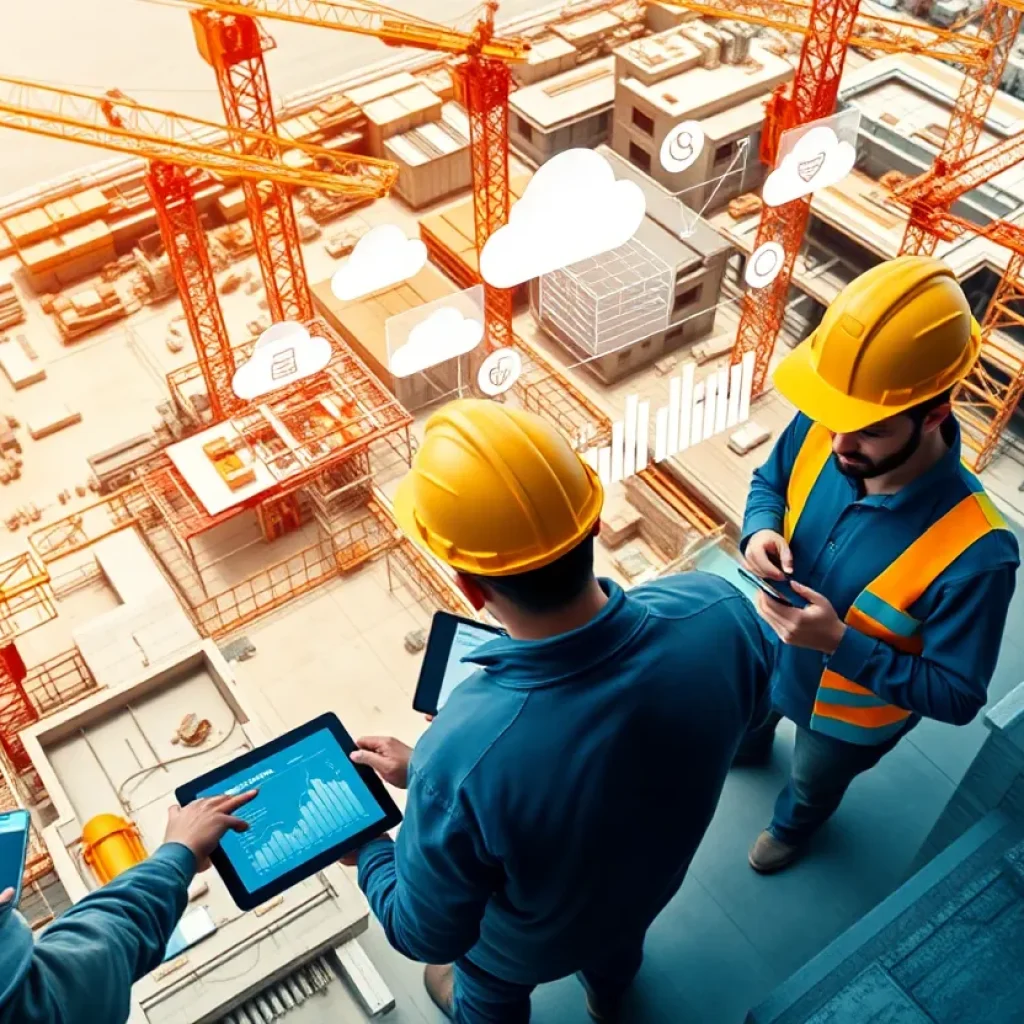 Construction site with digital overlays showing ERP dashboards, AI analytics and IoT sensors