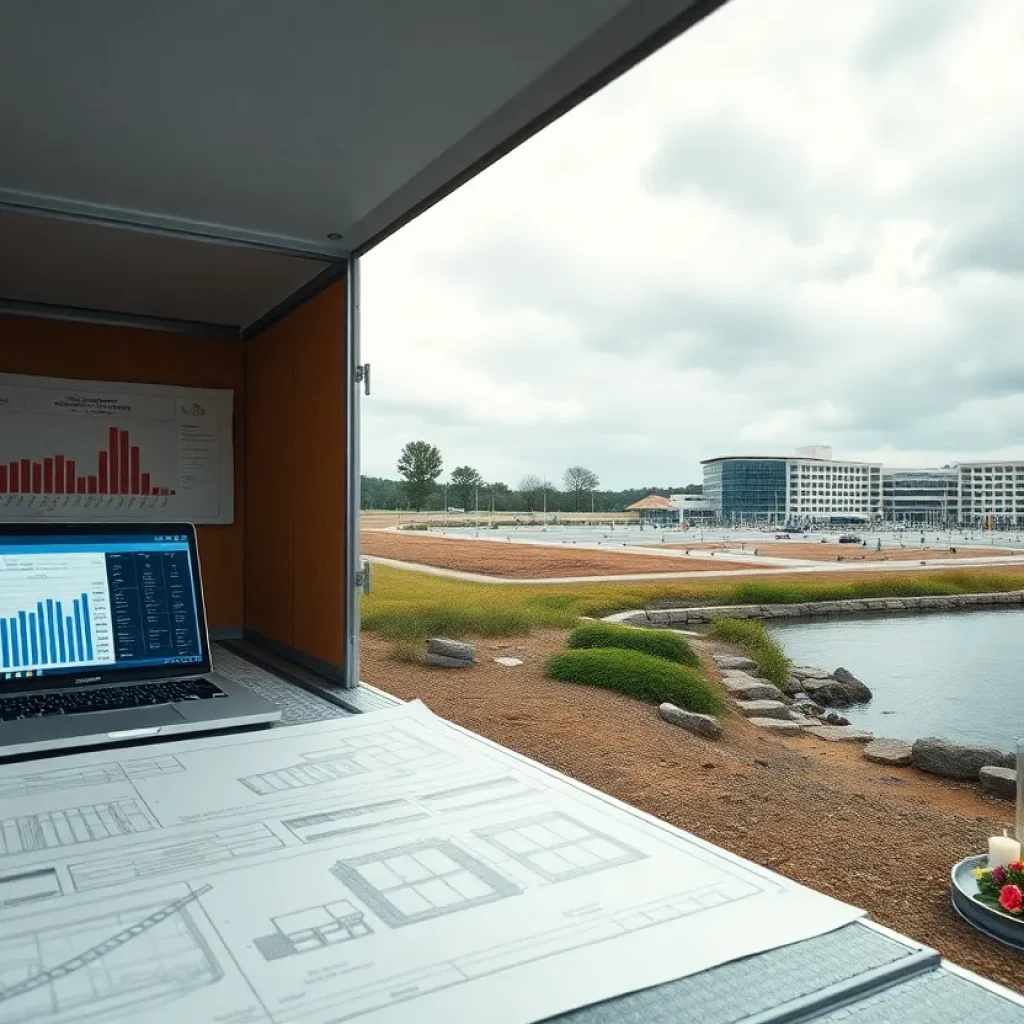 Construction trailer with blueprints and job costing dashboard, SouthPark Mall hotel parcel, and lakeside memorial with flowers