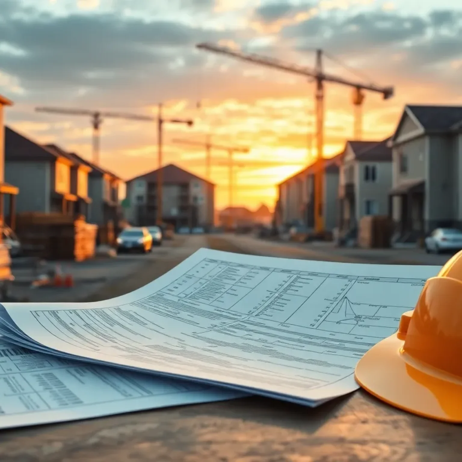 Active housing construction site with cranes and partially built units, foreground showing blueprints and loan documents on a table
