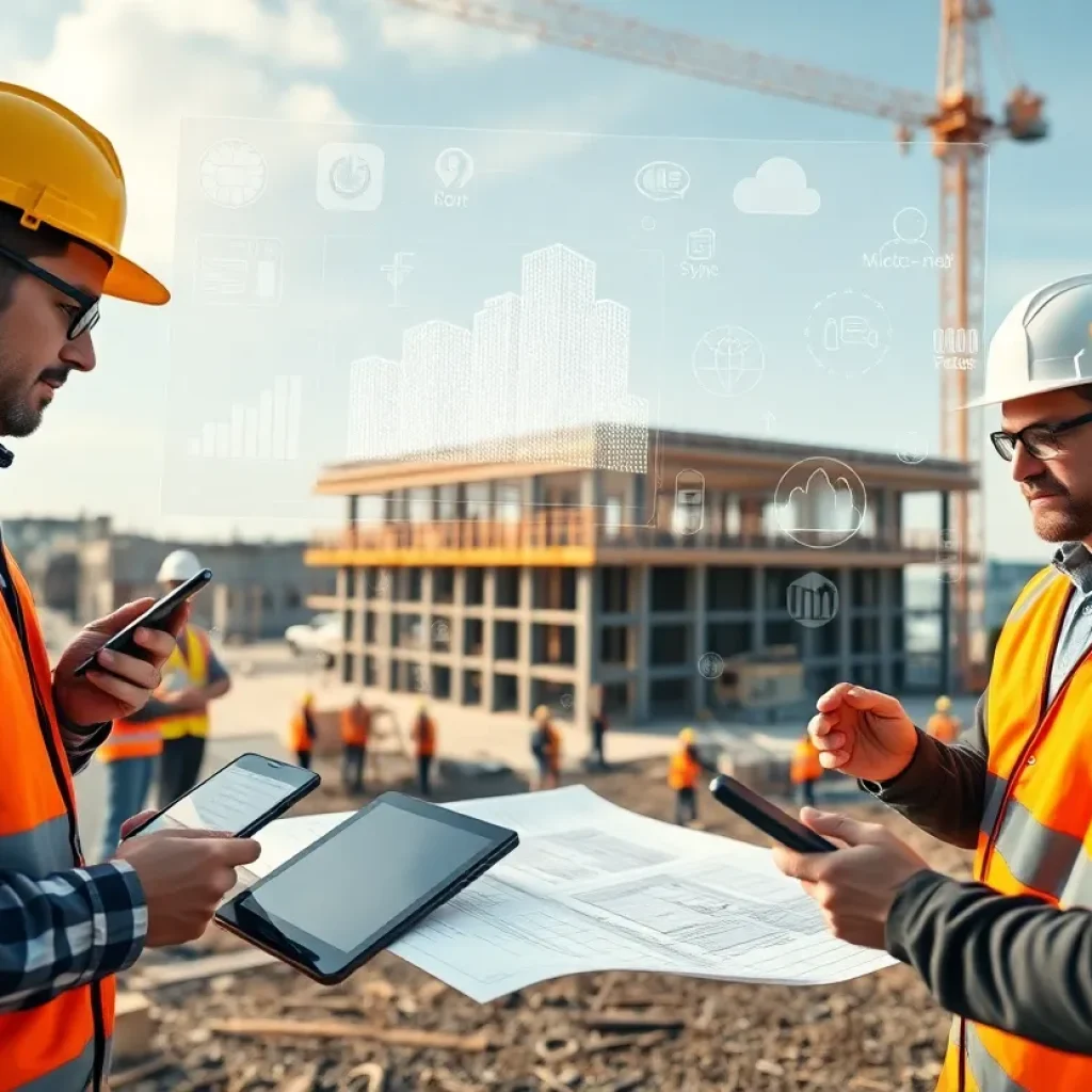 Construction workers using tablets on site with holographic BIM model and cloud data overlays