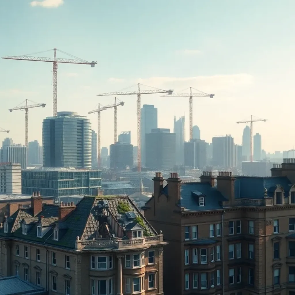 Aerial view of construction cranes, a modern data‑center, green roofs and a partially collapsed Victorian terrace