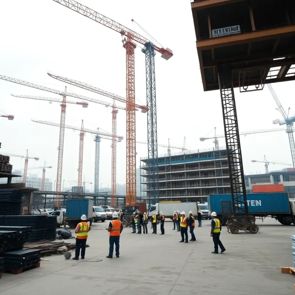 Construction site with cranes, scaffolding, stacked materials and workers in safety gear