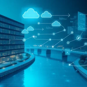 Holographic overlays on a building and river basin showing real-time digital twin data streams and 3D models