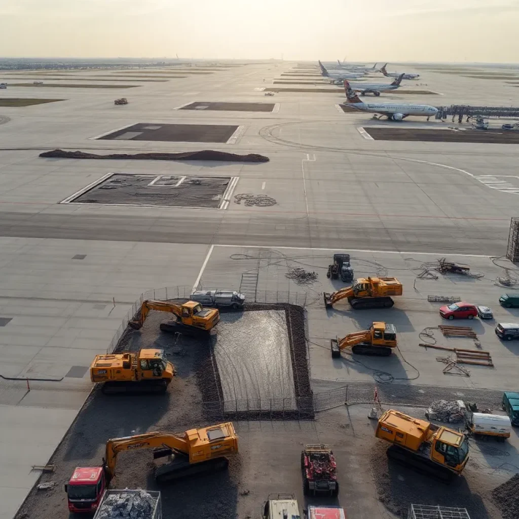 Aerial view of airport apron and runways with construction machinery and pavement upgrades