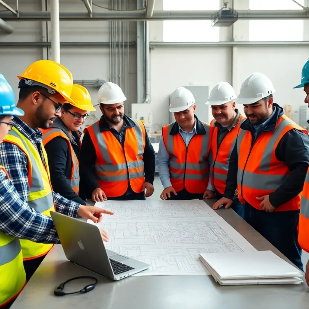 Diverse group of electrical apprentices in hard hats reviewing plans during project management training
