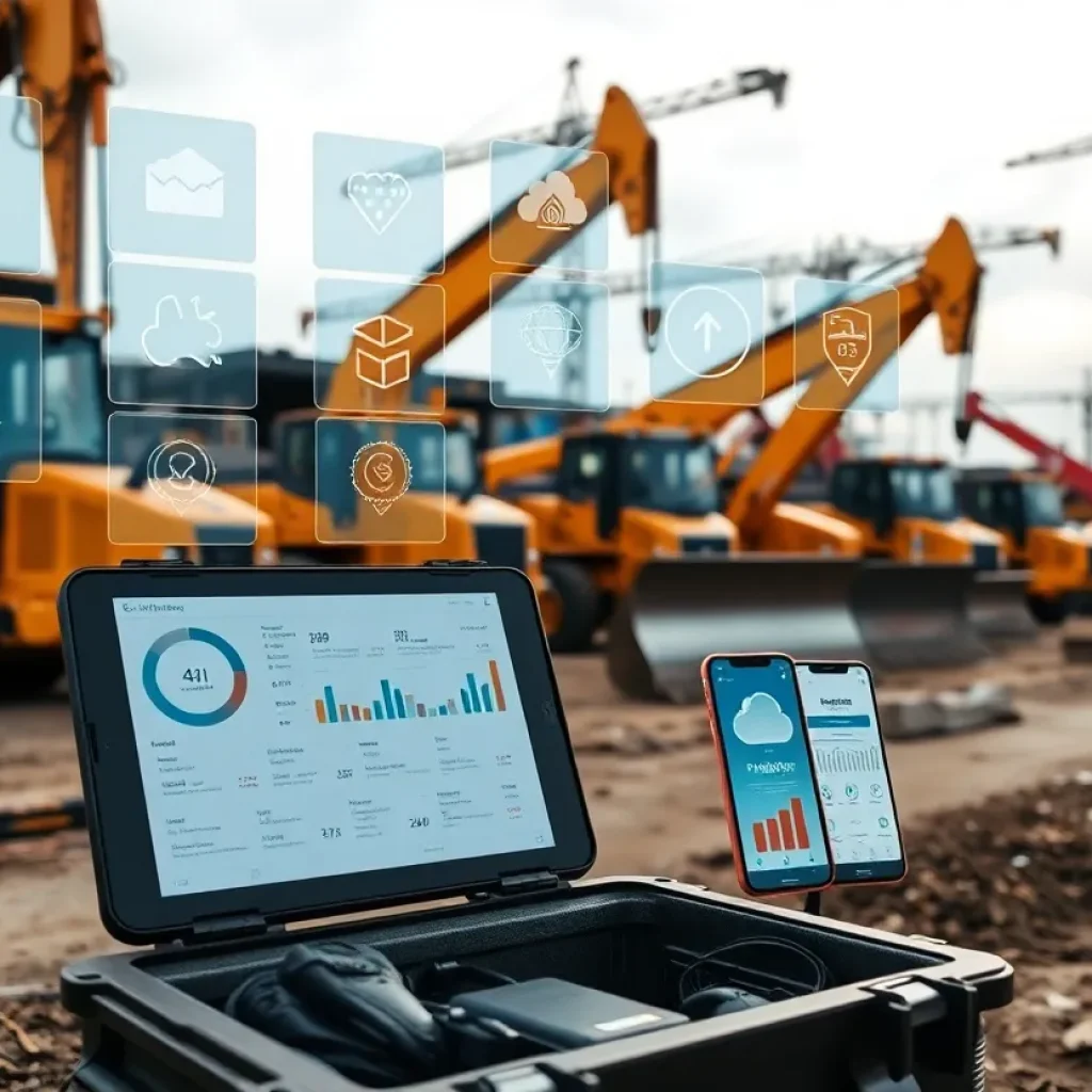 Mixed-brand construction equipment with digital fleet management overlays and mobile dashboard screens
