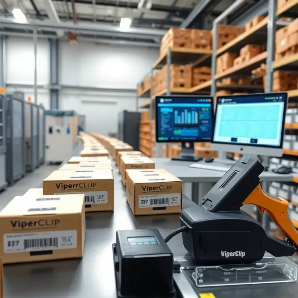 Factory production line with ViperClip boxes, barcode labels and a computer displaying an ERP dashboard