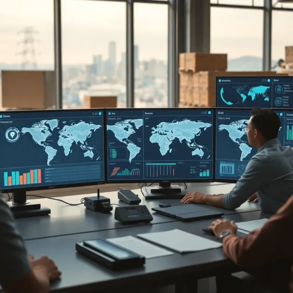 Futuristic warehouse control room with holographic AI agents coordinating logistics across dashboards and staff collaborating.