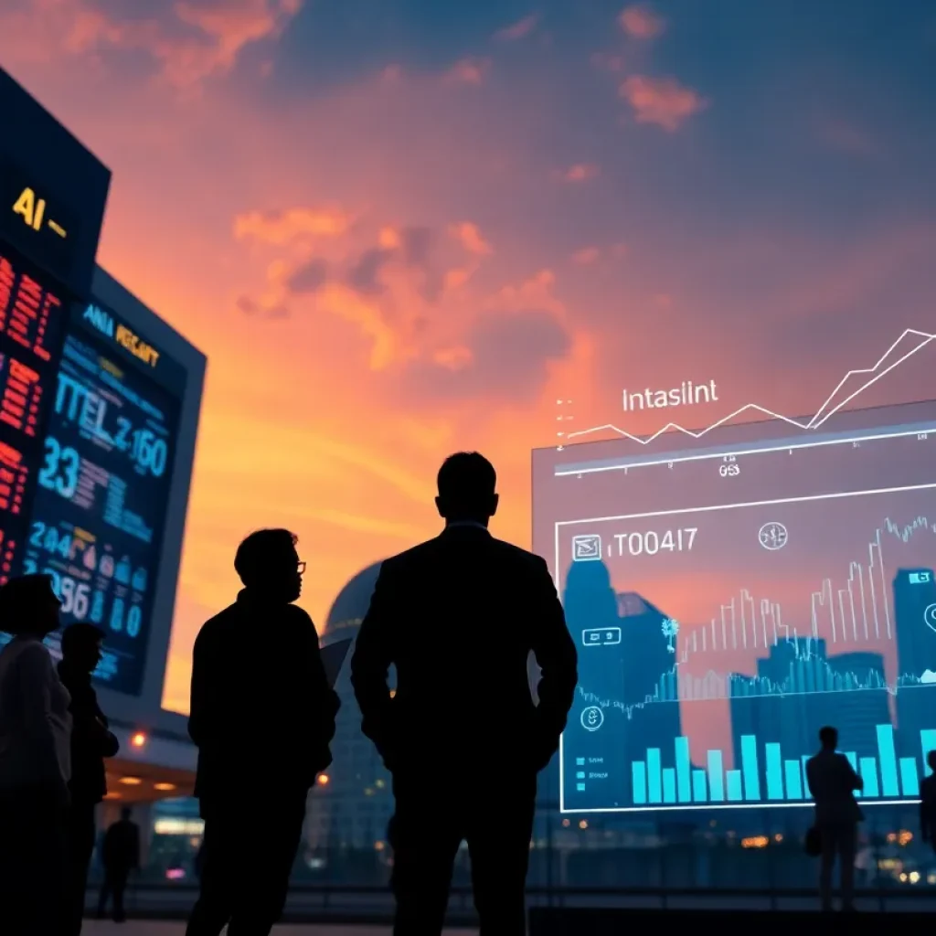 Stock exchange with rising charts, silhouetted founders and investors, AI icons and Indian city skyline