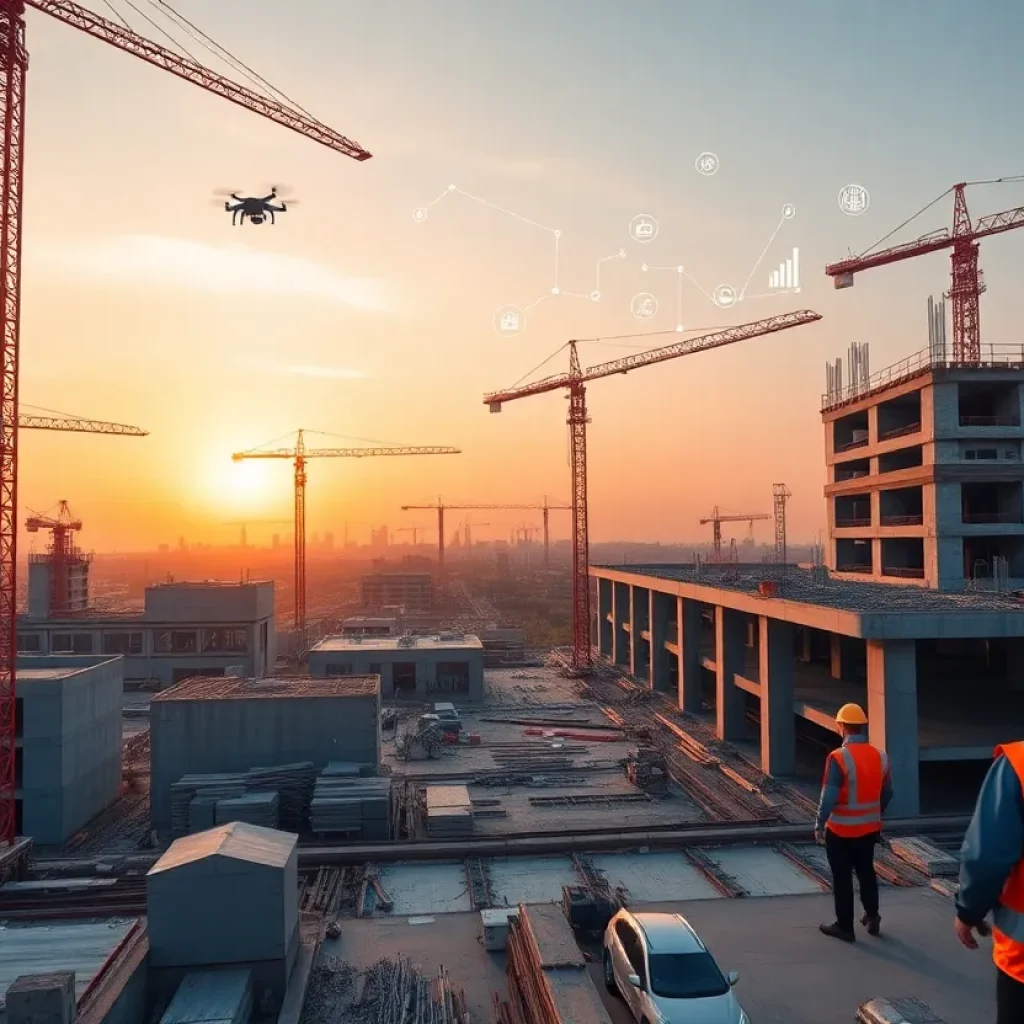 Construction site with IoT sensors, wearables, drones and cloud analytics overlay