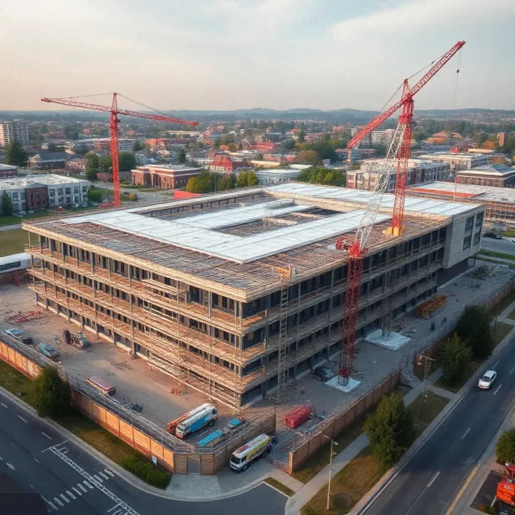 Aerial view of Jefferson High School construction site with cranes and scaffolding