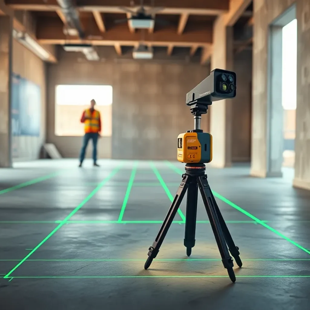 Tripod-mounted laser projector casting precise layout lines onto a construction site floor and walls with workers in background