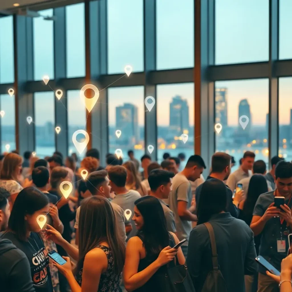 Attendees at a networking event using smartphones with digital connection overlays and city skyline visible
