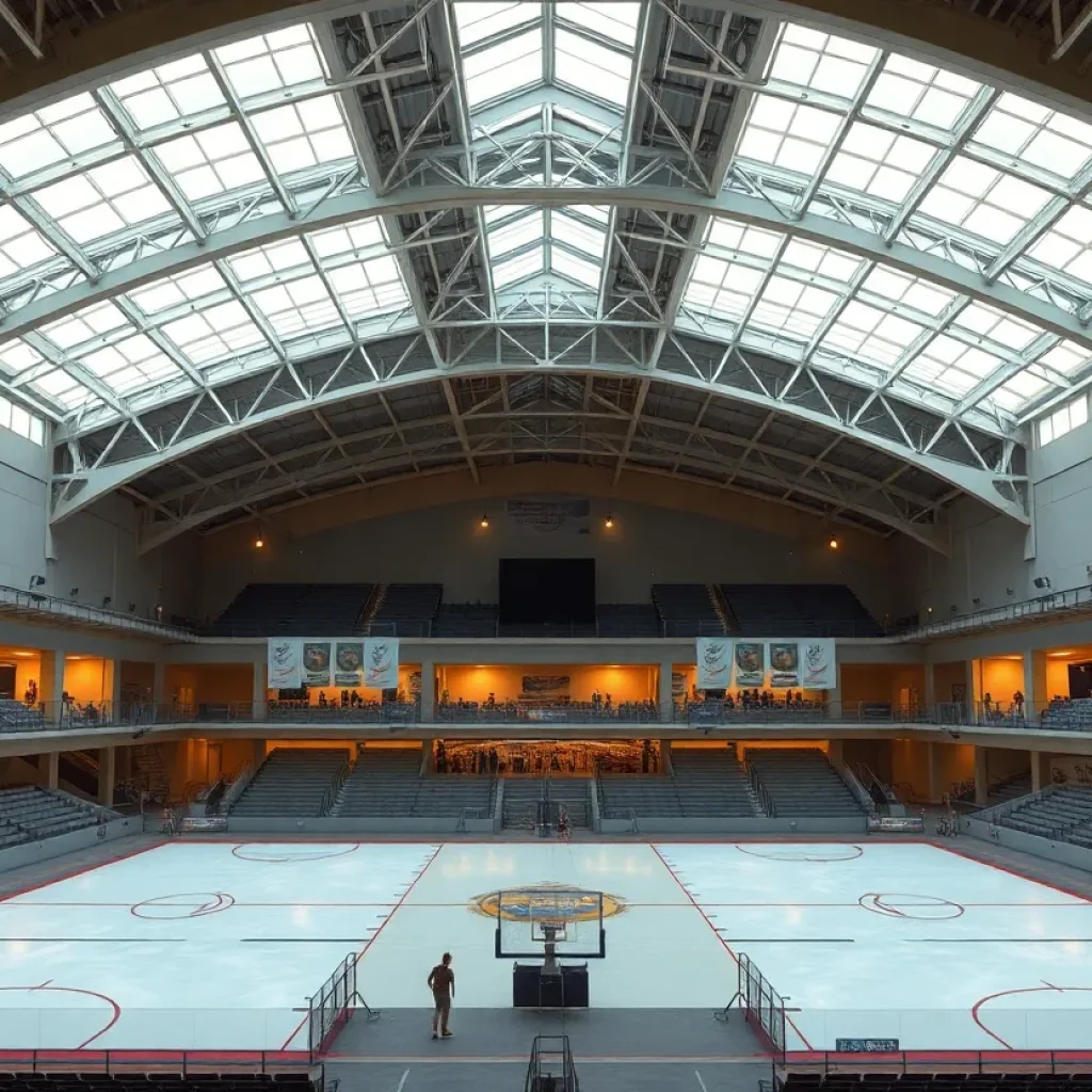 Interior rendering of scaled-back multiuse arena inside Merle Hay Mall with removable ice and volleyball courts