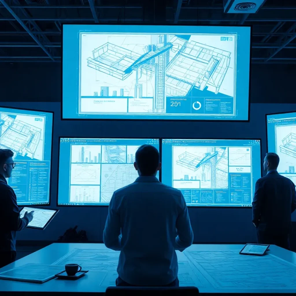 Engineers reviewing 2D PDF drawings on screens with AI overlays, automated markups and priority dashboards.