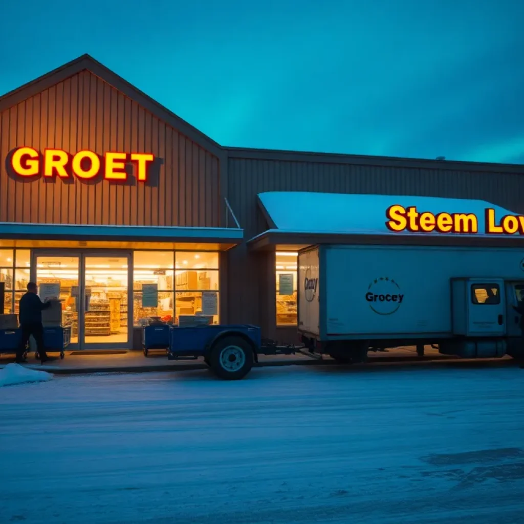 Remote northern grocery store at dusk with delivery truck and aurora, representing retail operations and market attention