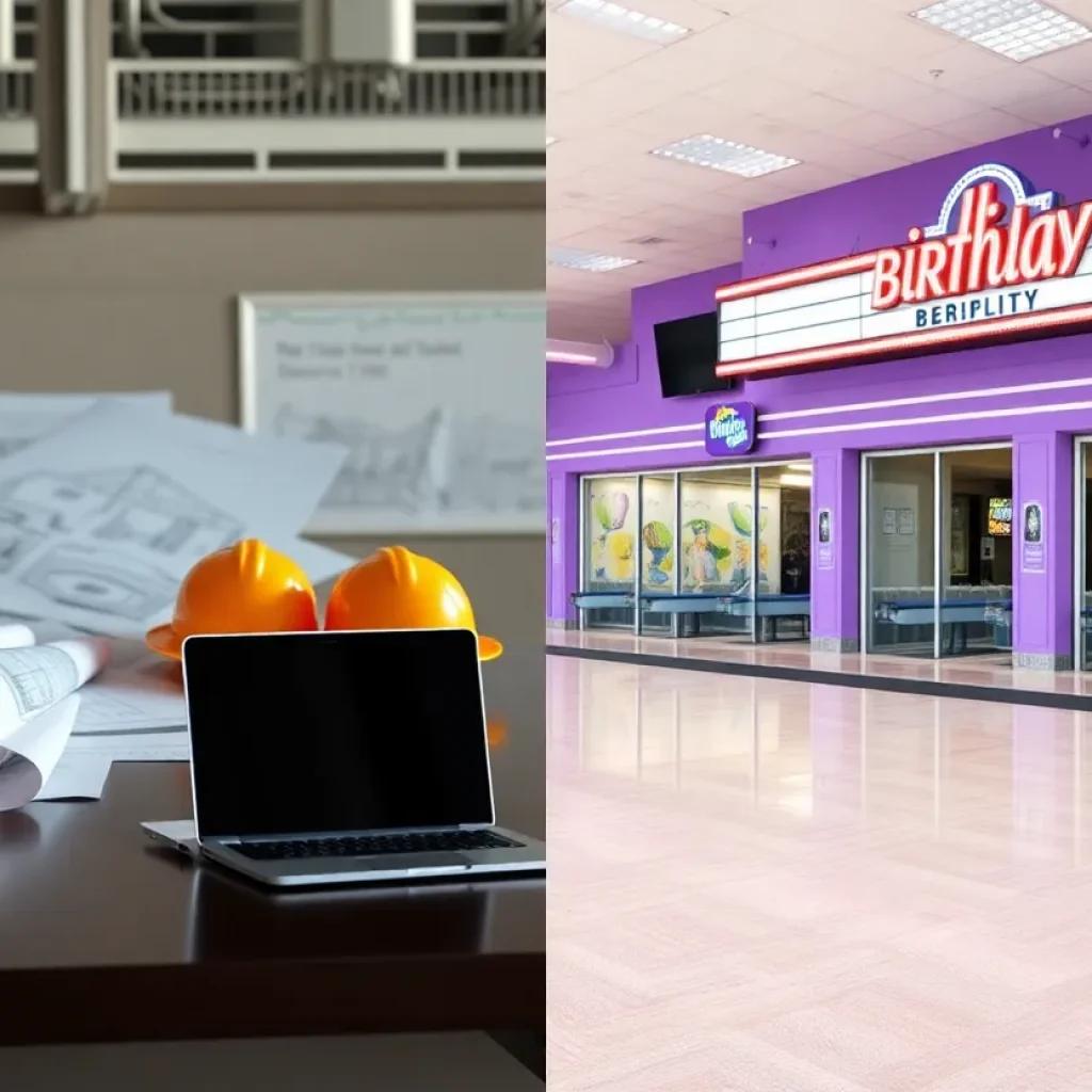 Construction blueprints and a purple-fronted bowling alley exterior shown side by side