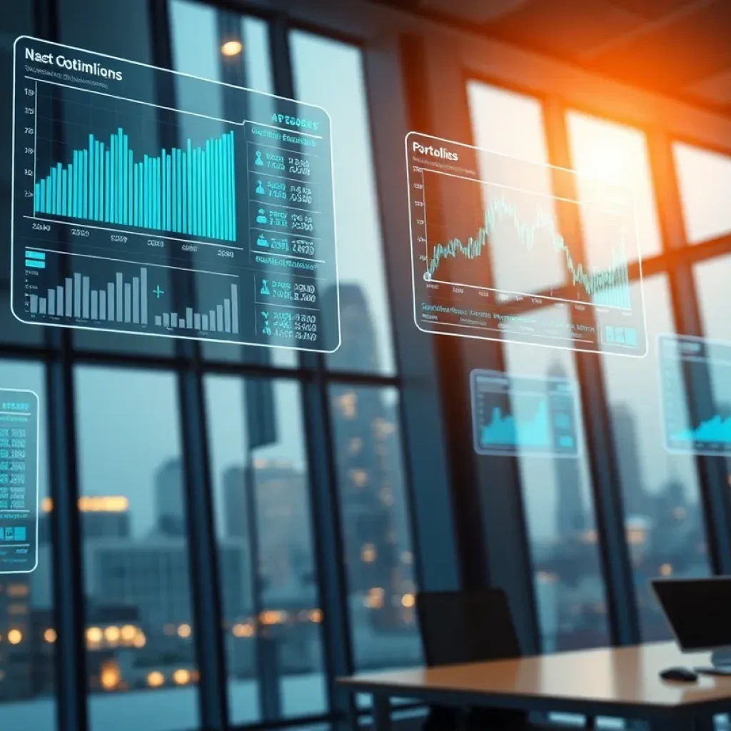 AI-driven portfolio management dashboard showing charts, optimization outputs and trade signals in a fintech office