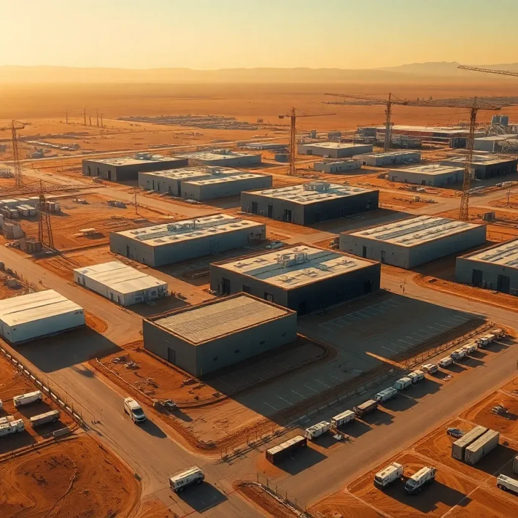 Aerial view of warehouses, data centers, cranes and utility infrastructure in Phoenix industrial area