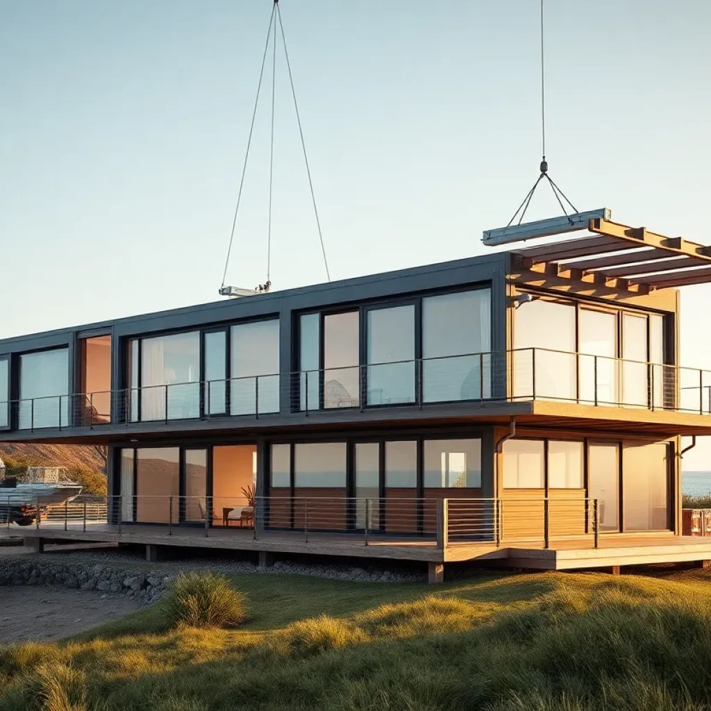 Modular prefab home with steel-frame modules being craned into place on a sloping coastal site with large windows and decking