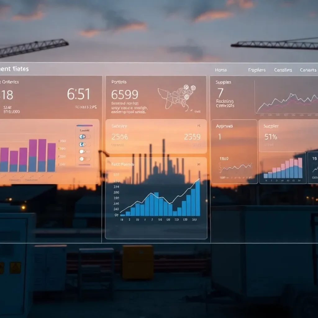 Construction and industrial site with transparent procurement dashboard overlays showing orders, bids and supplier data alongside automation hardware.