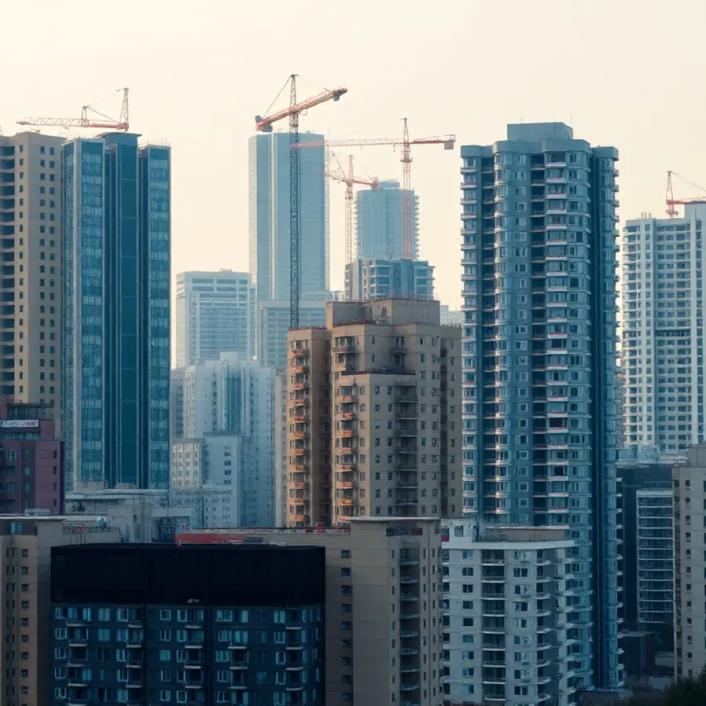 City skyline with apartment buildings, construction cranes and for-rent signs representing a shifting rental market