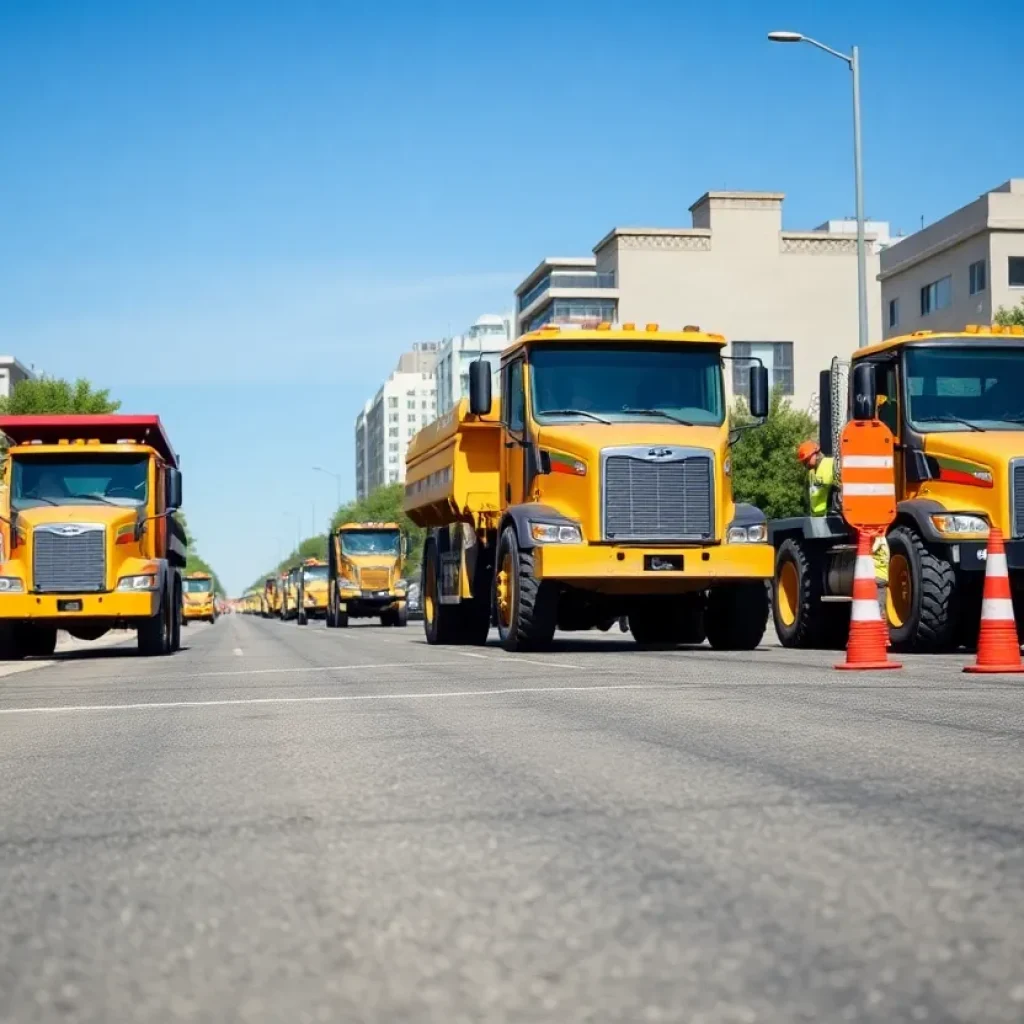 Workers and machinery at a roadway construction site in Edinburg