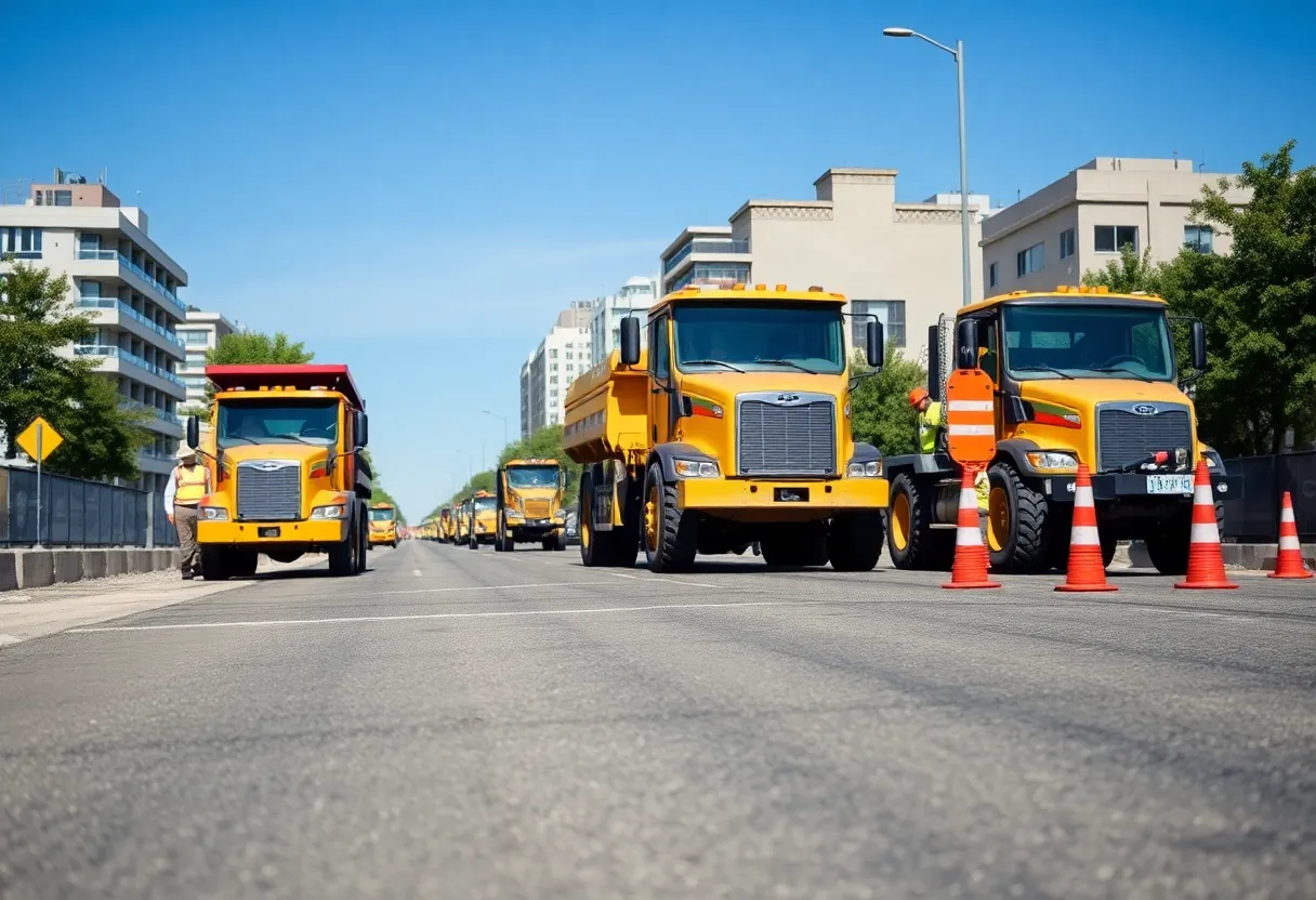 Workers and machinery at a roadway construction site in Edinburg