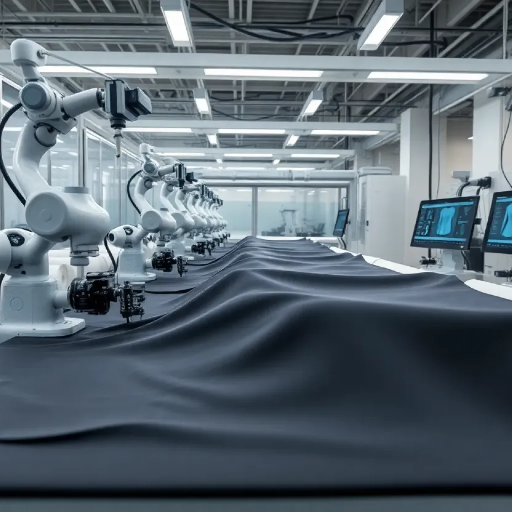 Modular robotic assembly applying microadhesive to fabric in a modern factory for bonded apparel production.