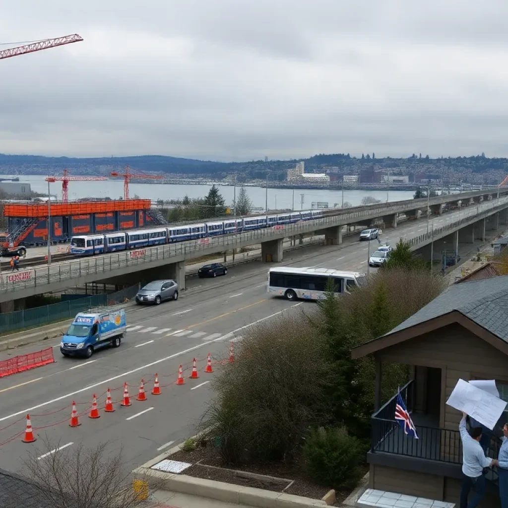 Seattle construction sites including light-rail bridge work, Ship Canal Bridge lane closures, and contractors reviewing plans at a home exterior