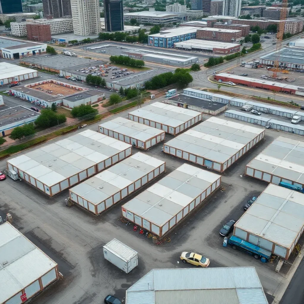 Aerial view of a self-storage facility with several units and construction cranes.