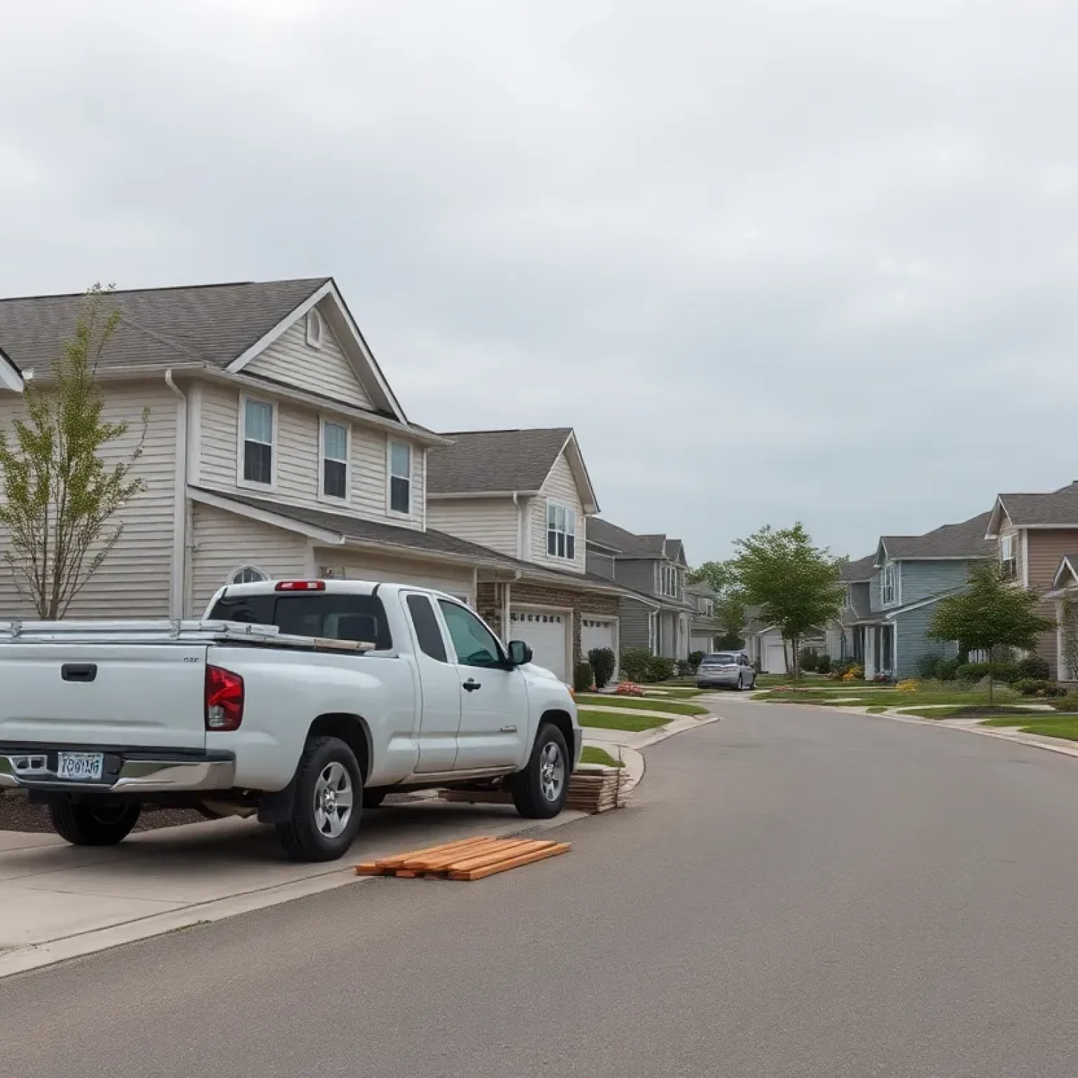 Suburban homes showing vinyl and stucco siding with a parked contractor pickup and stacked siding materials on the driveway