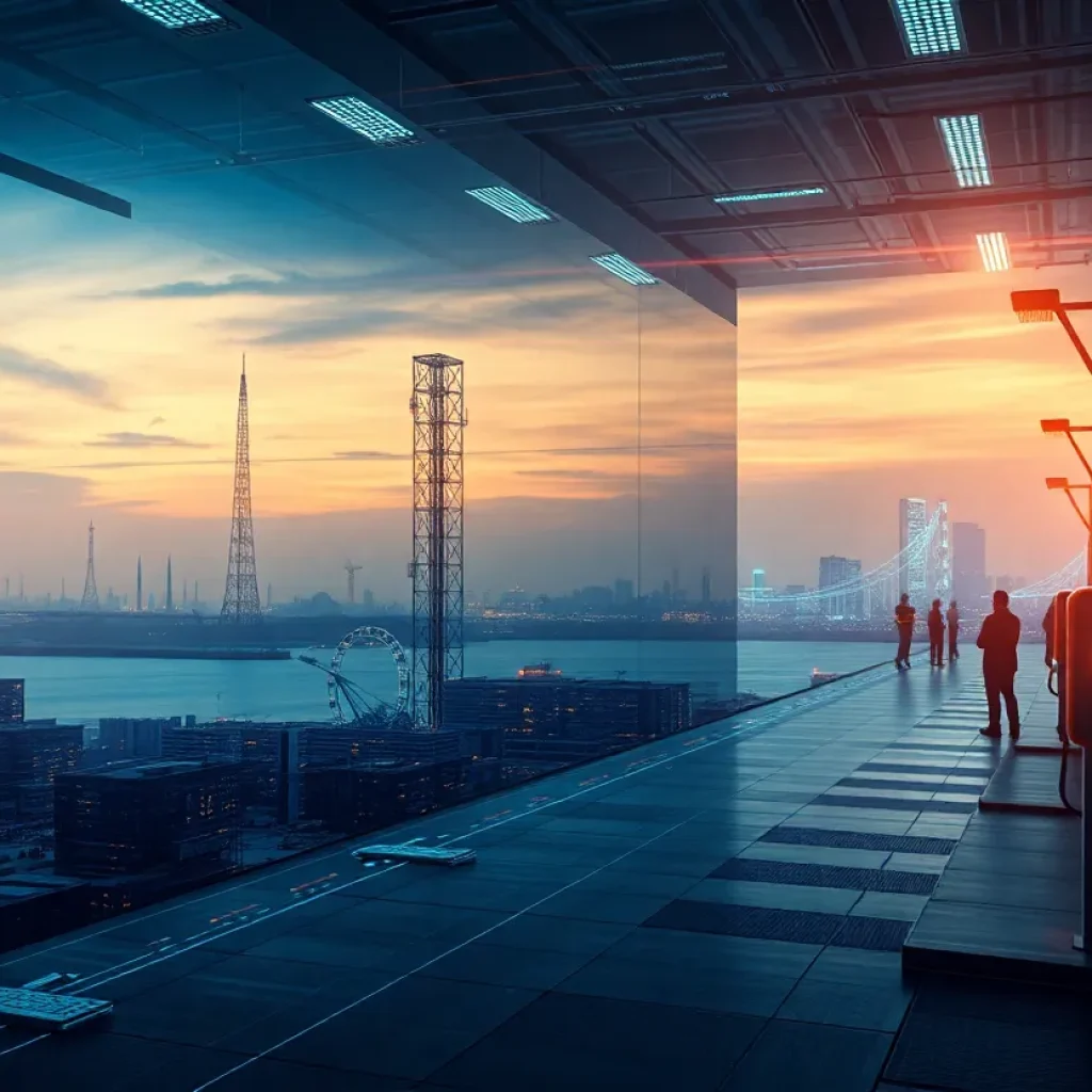 Digital operations dashboard overlay with data center racks, telecom towers and lamppost EV chargers representing asset lifecycle management