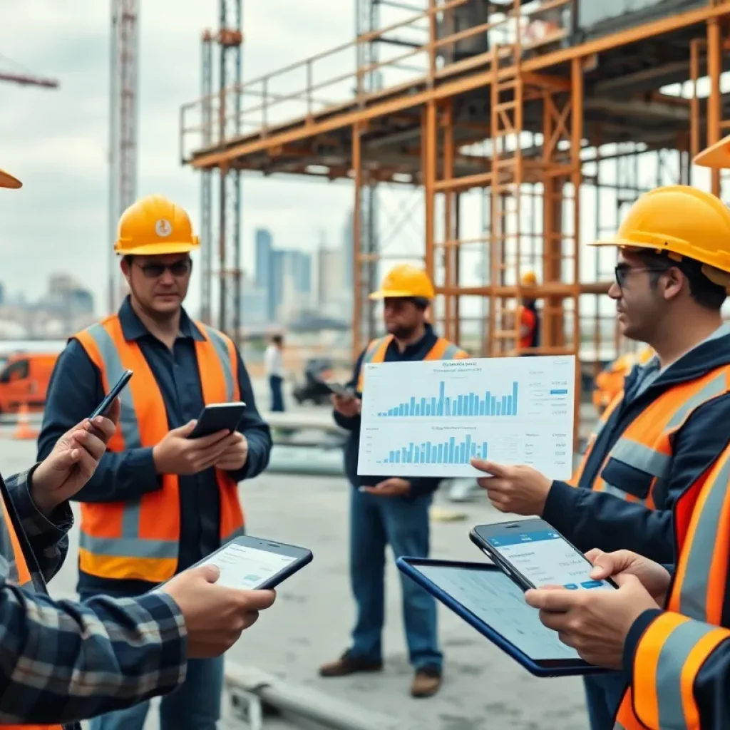 Construction crew using tablets to manage expenses, cards, and receipts with digital dashboard overlays