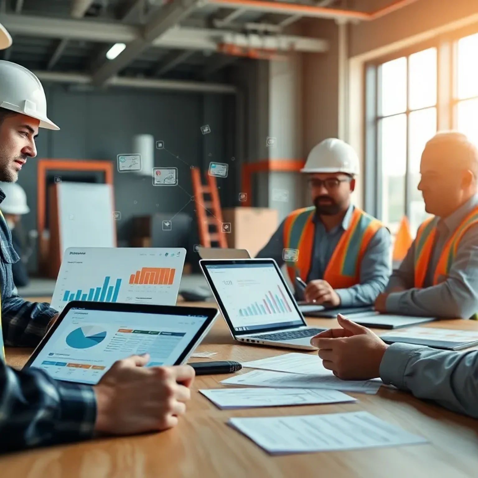 Project team viewing an expense management dashboard on tablets in a construction site office
