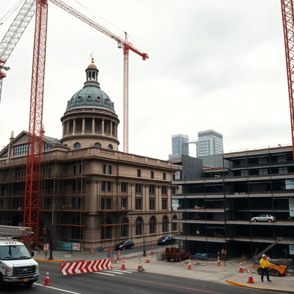 Historic courthouse restoration and downtown construction site in St. Louis with cranes, scaffolding and distant workers
