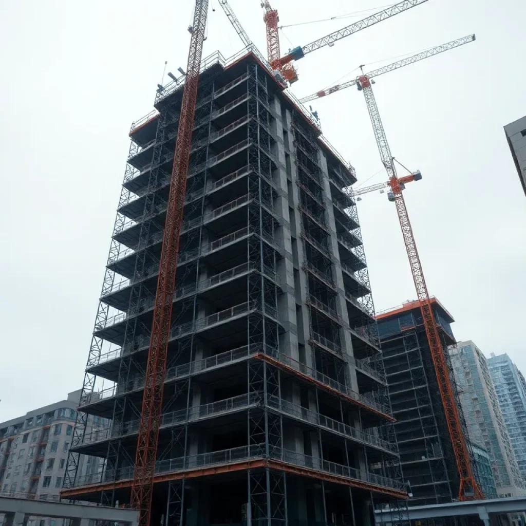 18-storey student housing construction site with cranes and scaffolding in Vancouver