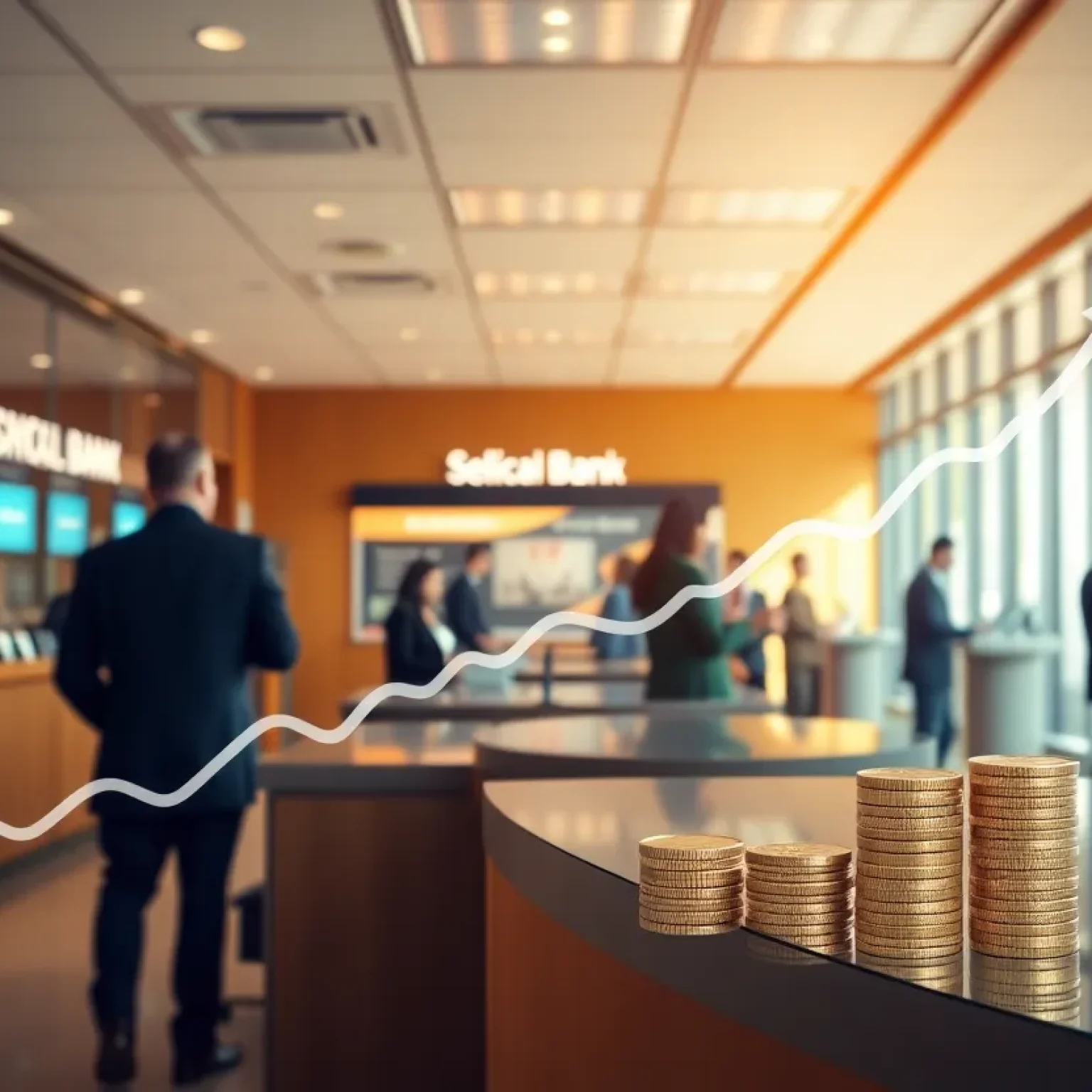 Interior of a modern bank branch with a translucent upward stock chart overlay symbolizing earnings and dividend growth