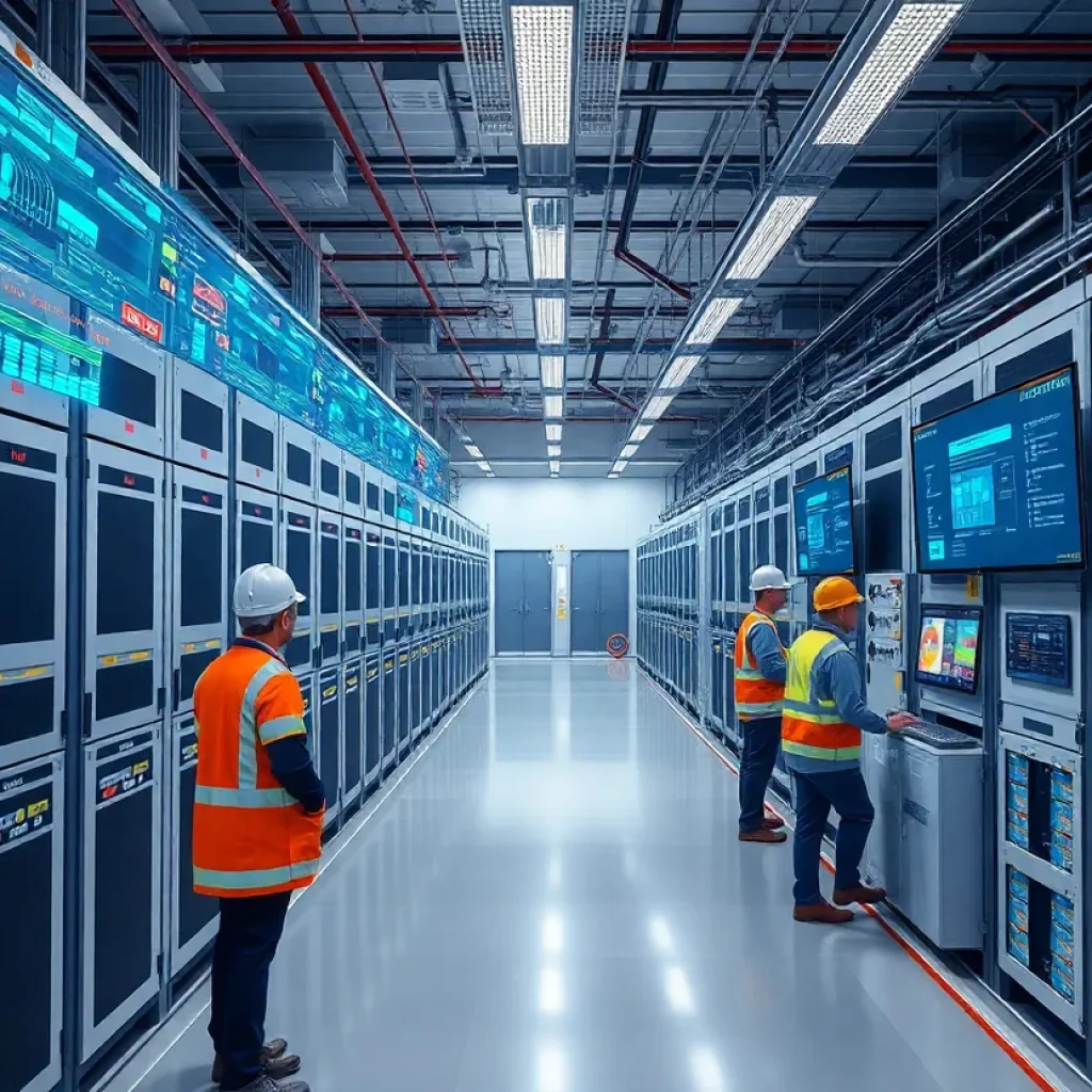 Data center interior with power equipment and holographic digital twin overlays showing power flows
