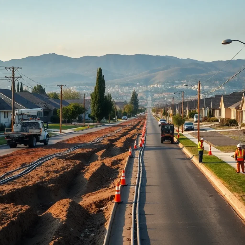 Utility crews trenching to bury power lines in a California neighborhood with smoky hills in the distance
