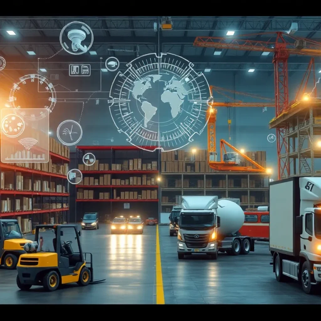 Warehouse and construction site connected by digital overlays representing IoT sensors and AI analytics for safety and operations.