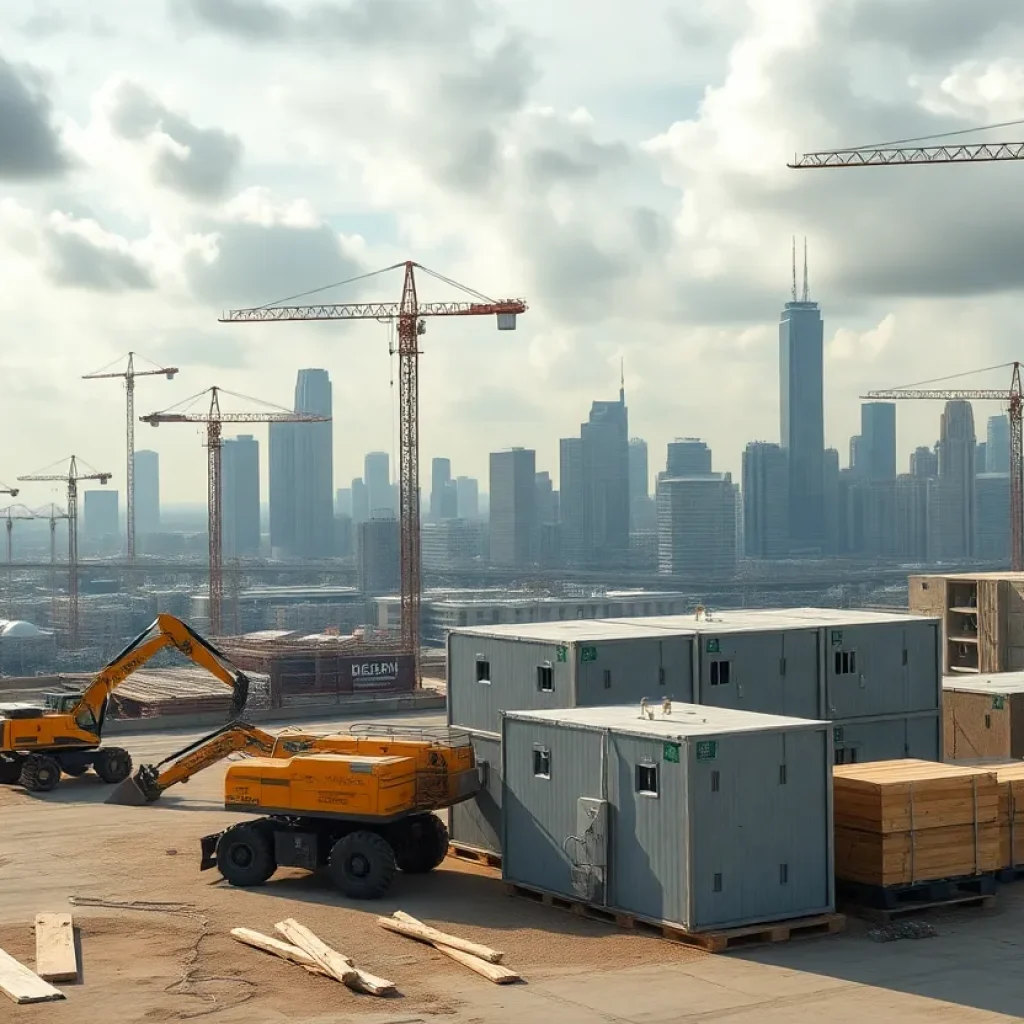 City skyline with multiple construction sites, cranes, electric construction equipment and digital overlays illustrating AI and BIM adoption.
